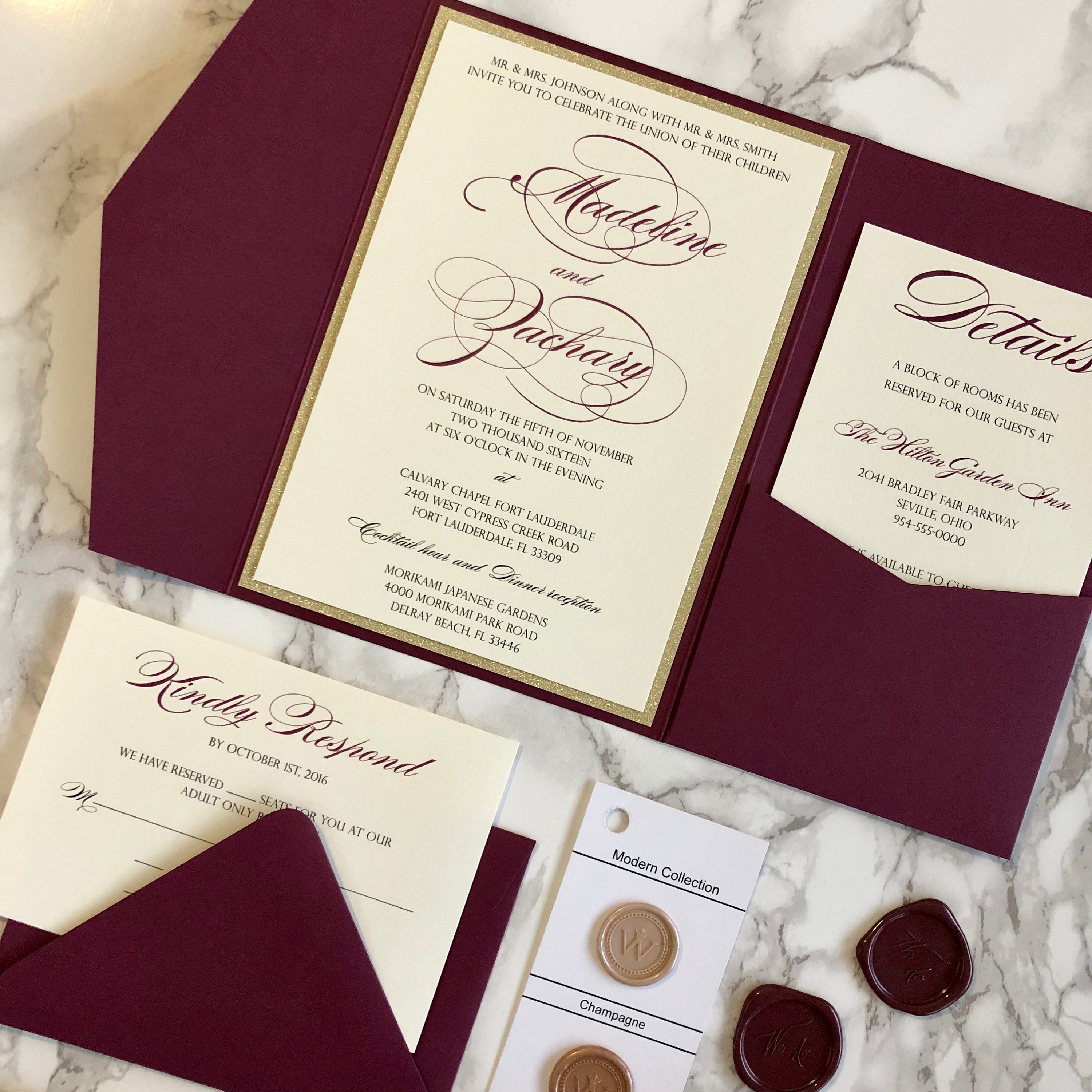 Burgundy Wedding Invitation Burgundy and Gold Glitter Pocket | Etsy