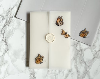 Monarch Butterfly Vellum Jacket, 5x7 Vellum Wedding Invitation, Baby Shower Vellum Wrap, Butterflies Printed Scored Wrap for DIY Invitation