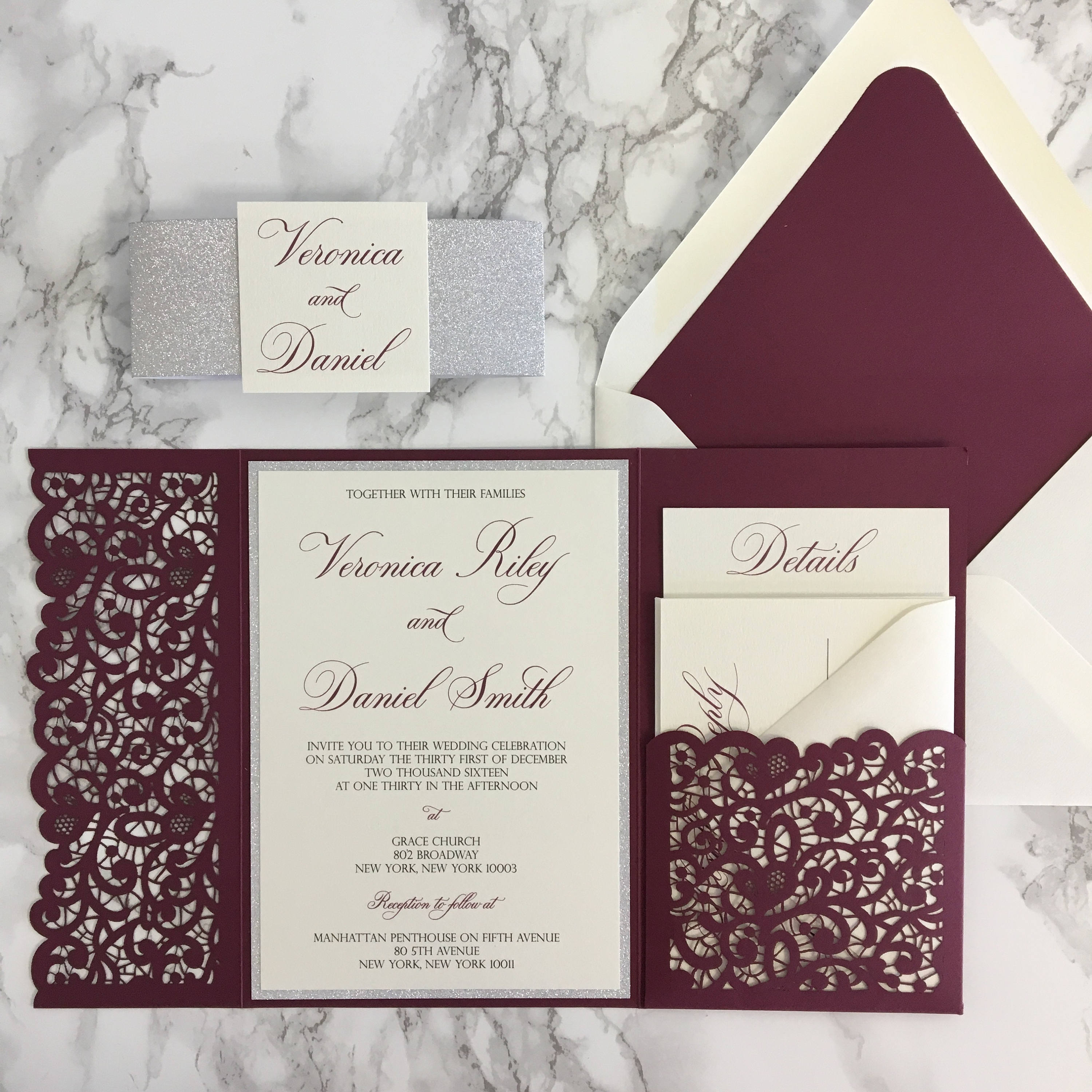 Laser Cut Pocket Wedding Invitation Burgundy and Silver | Etsy