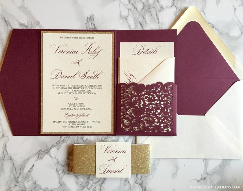 Burgundy Laser Cut Pocket Wedding Invitation Burgundy And Etsy