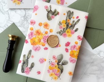 Pink Cactus Vellum Wrap, 5x7 Pink & Yellow Desert Wedding Invitation, Southwest Vellum Jacket, Boho Western Wedding Wrap for DIY Invites