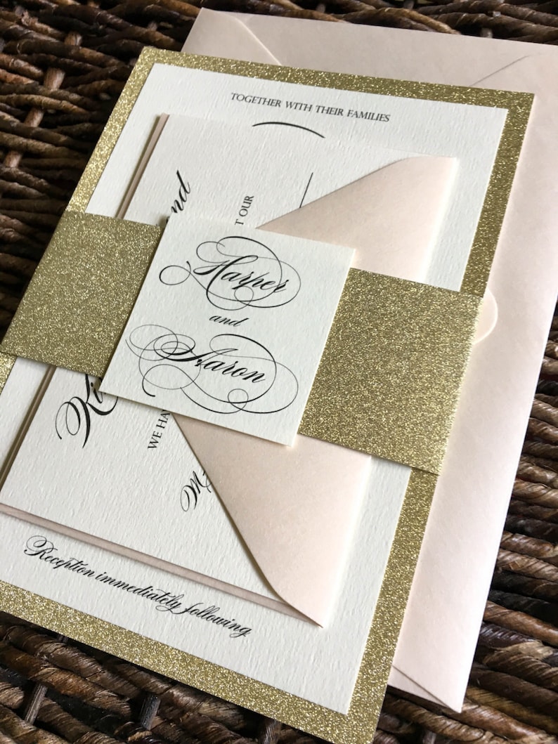 Gold Glitter Wedding Invitation with Glitter Belly Band and | Etsy