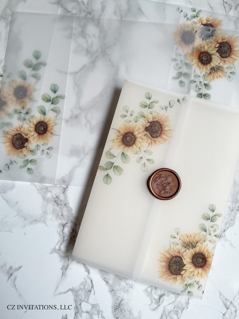 Sunflower and Eucalyptus Vellum Wrap, 5x7 Vellum Wedding Invitation, Rustic Vellum Jacket, Clear Flower Printed Wrap for DIY Invitations image 1