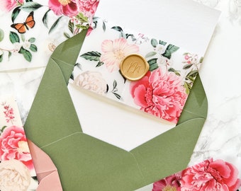 Pink Vintage Floral Vellum Belly Band, 5x7 Vellum Wedding Invitation, Pink Peony Flower Printed Wrap for DIY Invite, 3" Scored Vellum Wrap