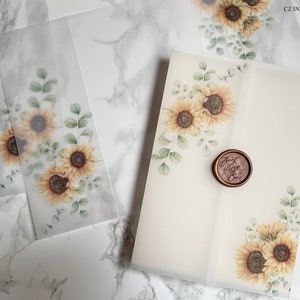 Sunflower and Eucalyptus Vellum Wrap, 5x7 Vellum Wedding Invitation, Rustic Vellum Jacket, Clear Flower Printed Wrap for DIY Invitations image 5