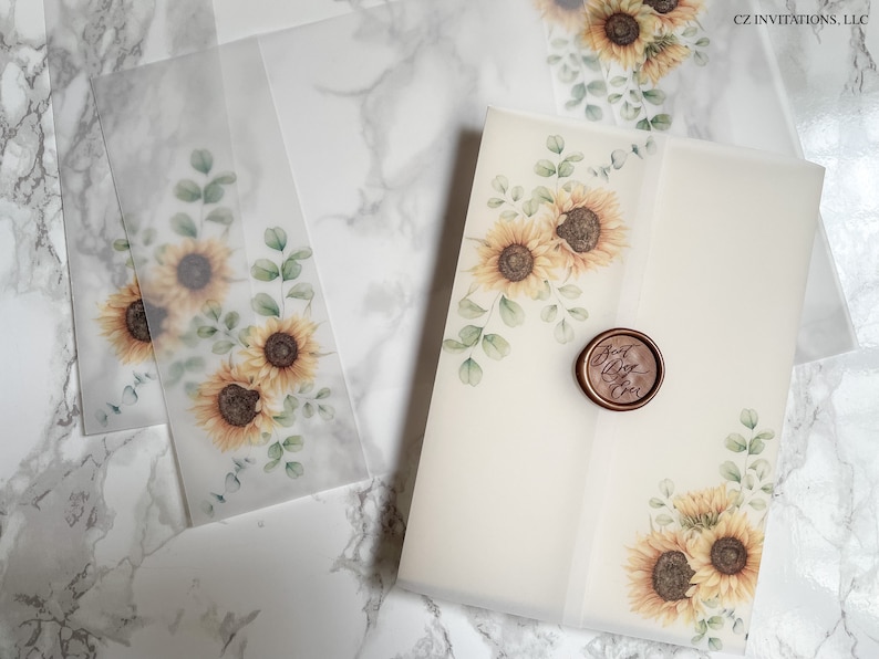 Sunflower and Eucalyptus Vellum Wrap, 5x7 Vellum Wedding Invitation, Rustic Vellum Jacket, Clear Flower Printed Wrap for DIY Invitations image 5