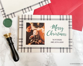 Plaid Christmas Card Template, Minimalist Holiday Card Design Template, Simple Flannel Editable Holiday Card, DIY Christmas Download