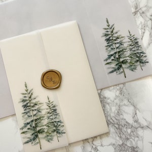 Evergreen Vellum Wrap, 5x7 Vellum Wedding Invitation, Rustic Vellum Jacket, Two Tree Printed Wrap for DIY Invitations, Winter Wedding