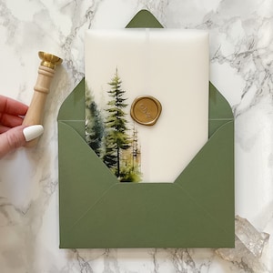 Evergreen Forest Vellum Wrap, 5x7 Vellum Wedding Invitation, Rustic Vellum Jacket, Mountain Tree Printed Wrap for DIY Invitations