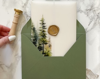 Evergreen Forest Vellum Wrap, 5x7 Vellum Wedding Invitation, Rustic Vellum Jacket, Mountain Tree Printed Wrap for DIY Invitations