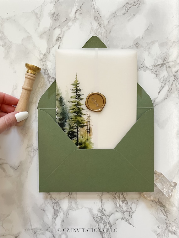Evergreen Forest Vellum Wrap, 5x7 Vellum Wedding Invitation, Rustic Vellum Jacket, Mountain Tree Printed Wrap for DIY Invitations