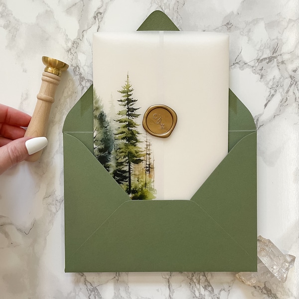 Evergreen Forest Vellum Wrap, 5x7 Vellum Wedding Invitation, Rustic Vellum Jacket, Mountain Tree Printed Wrap for DIY Invitations