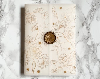 Faux Gold Foil Floral Vellum Jacket, Gold Floral Vellum Wrap for your DIY Wedding Invitations