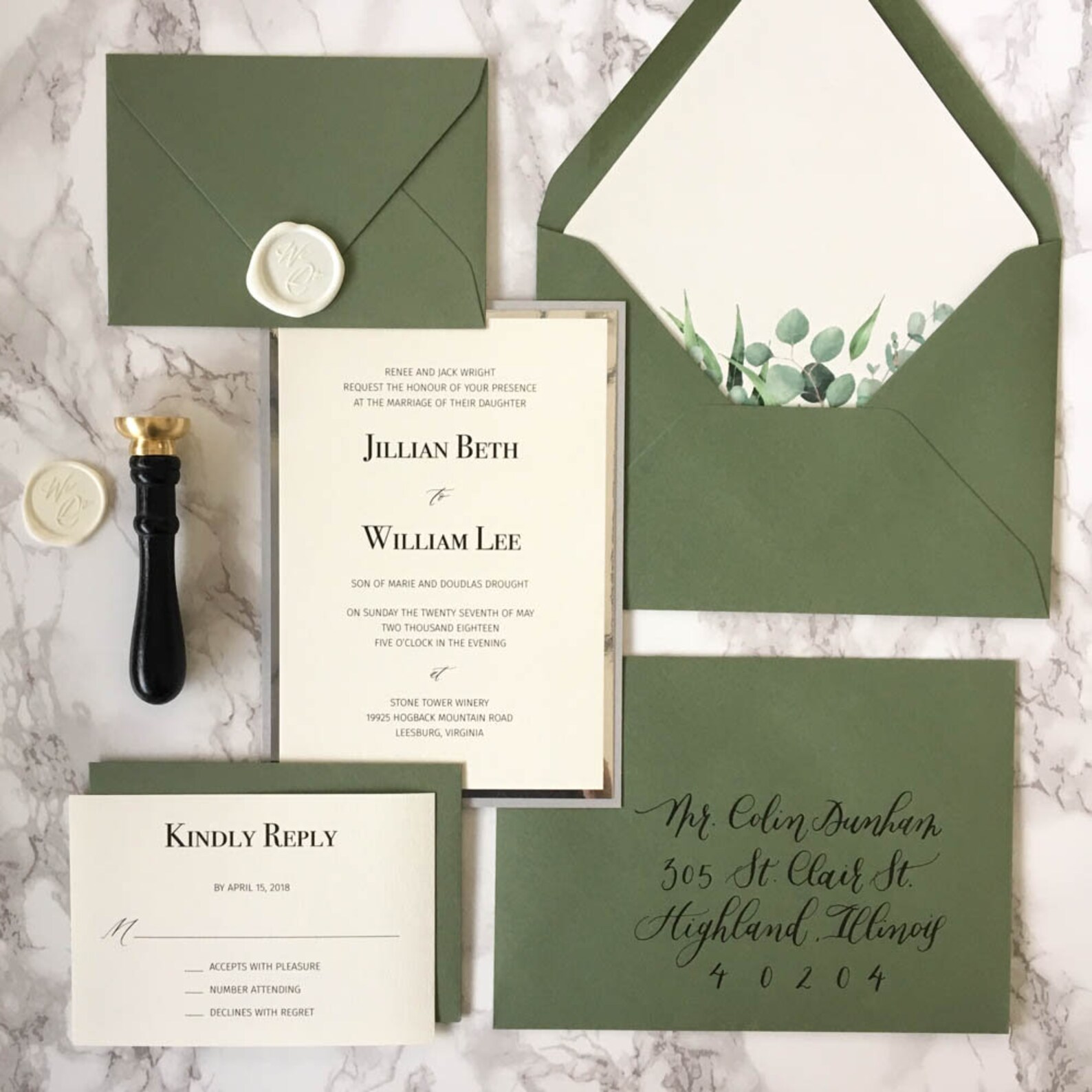 Hunter Green and Silver Mirror Wedding Invitation