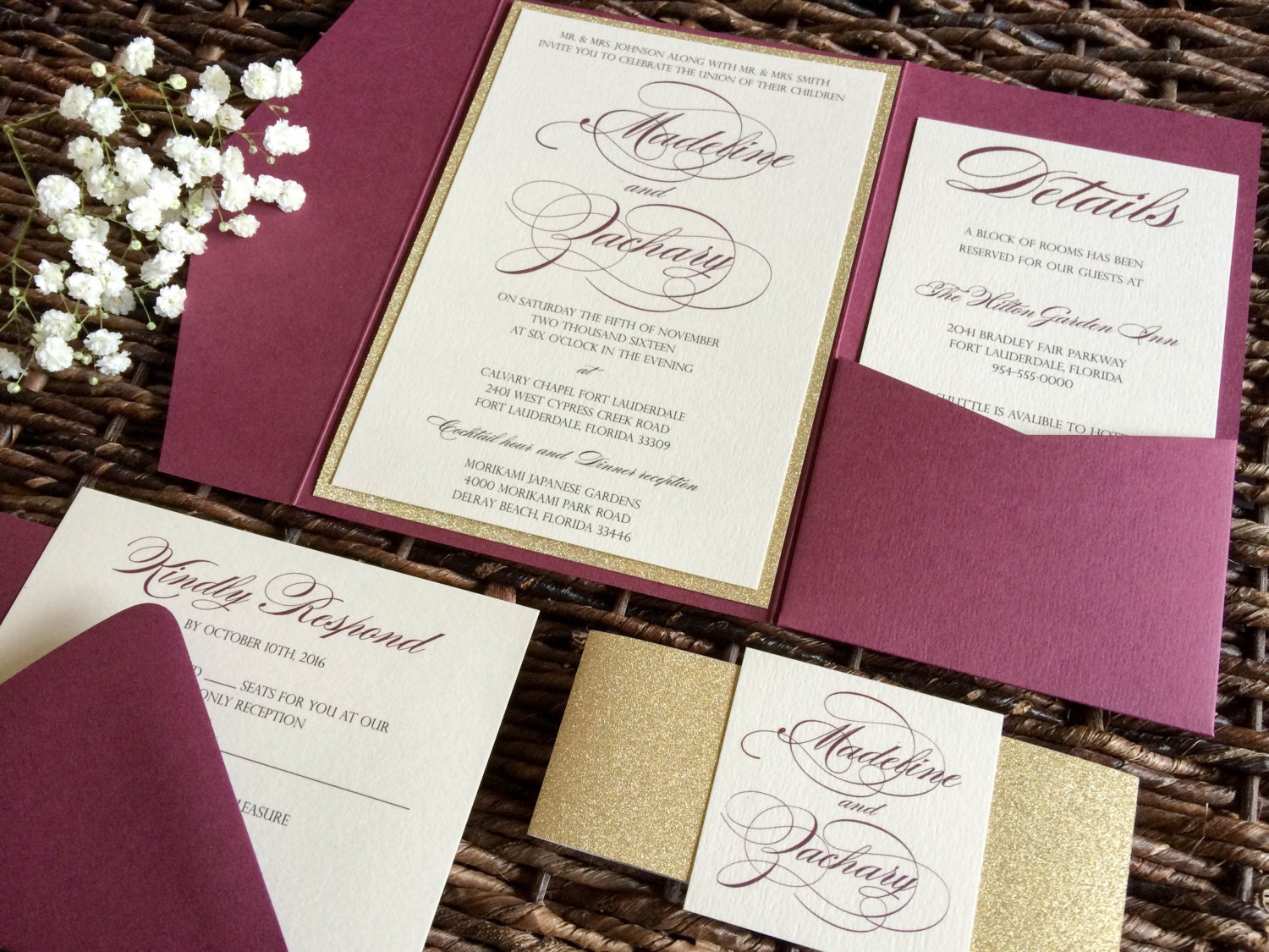 Burgundy Wedding Invitation Burgundy and Gold Glitter Pocket | Etsy