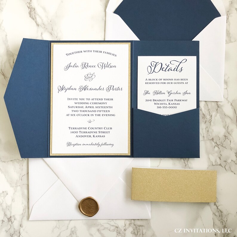 Navy And Gold Glitter Pocket Wedding Invitation Navy And Gold Etsy