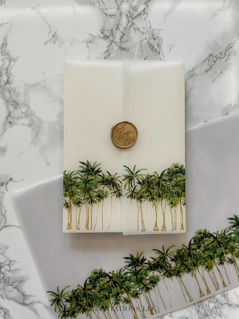 Palm Tree Vellum Wrap, 5x7 Vellum Wedding Invitation, Tropical Beach Vellum Jacket, Destination Wedding Printed Wrap for DIY Invitations image 6