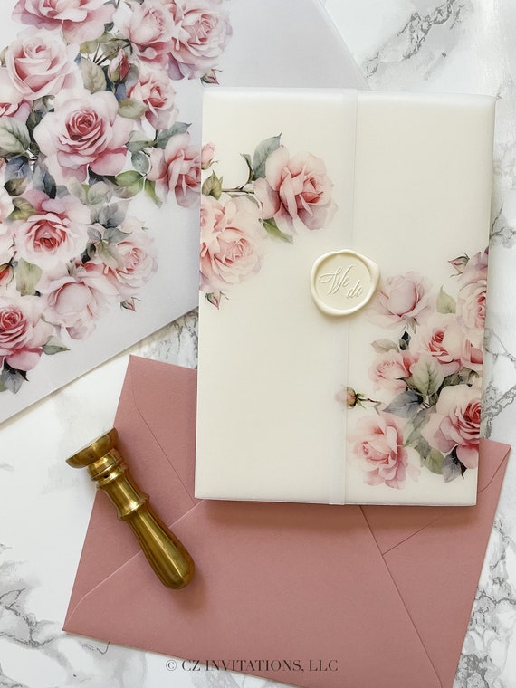 Pink Rose Vellum Jacket, 5x7 Printed Vellum Paper, Vellum Invitation, Vellum  Wrap, Blush Rose Floral Printed Wrap for DIY Invitations 