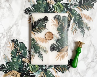 Tropical Palm Leaves and Faux Gold Foil Vellum Jacket, Palm Tree Vellum Wrap for DIY Wedding invitations, Destination Beach Wedding Vellum