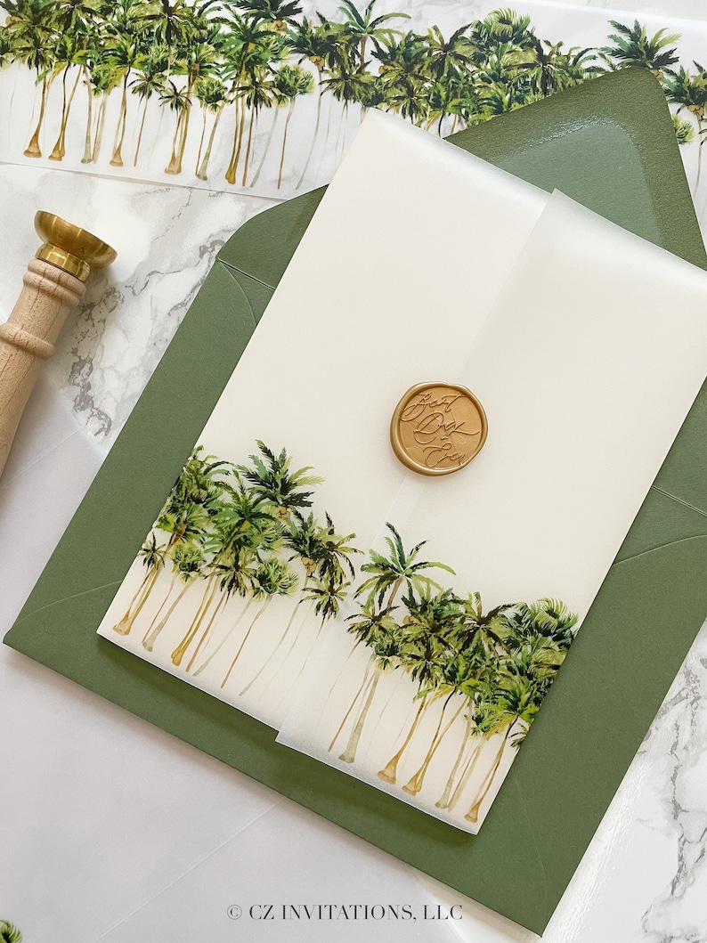 Palm Tree Vellum Wrap, 5x7 Vellum Wedding Invitation, Tropical Beach Vellum Jacket, Destination Wedding Printed Wrap for DIY Invitations image 7