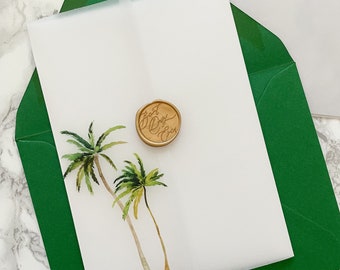 Palm Tree Vellum Wrap, 5x7 Vellum Wedding Invitation, Tropical Beach Vellum Jacket, Destination Wedding Printed Wrap for DIY Invitations