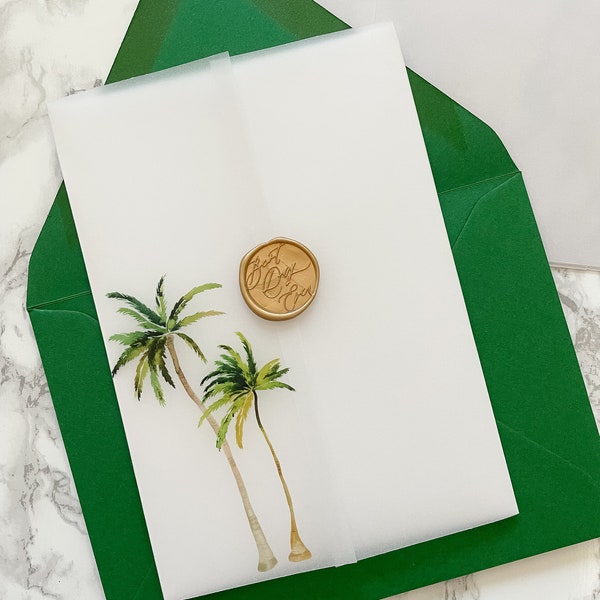 Palm Tree Vellum Wrap, 5x7 Vellum Wedding Invitation, Tropical Beach Vellum Jacket, Destination Wedding Printed Wrap for DIY Invitations