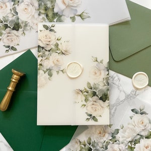 White Rose Vellum Jacket, 5x7 Vellum Wedding Invitation, Garden Roses Vellum Wrap, Flower Printed Scored Wrap for DIY Invitation