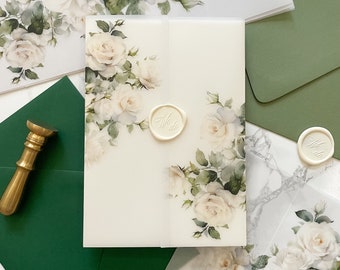 White Rose Vellum Jacket, 5x7 Vellum Wedding Invitation, Garden Roses Vellum Wrap, Flower Printed Scored Wrap for DIY Invitation
