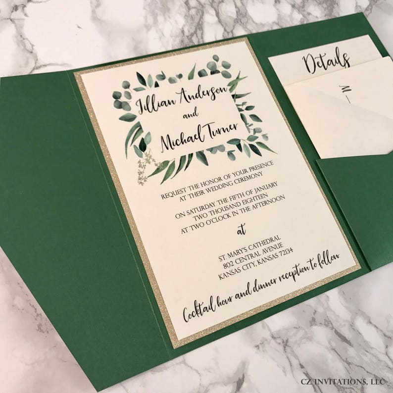 Eucalyptus and Forest Green Pocket Wedding Invitations Etsy