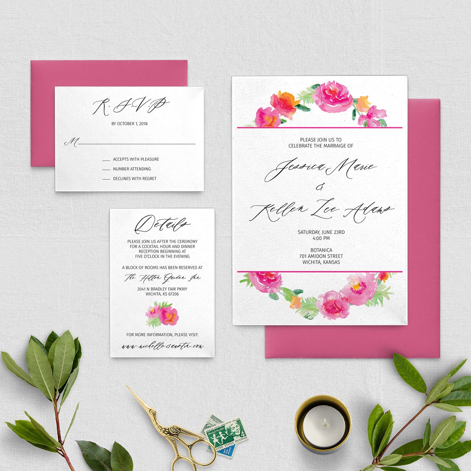 Bright Pink Floral Wreath Wedding Invitation Digital Etsy