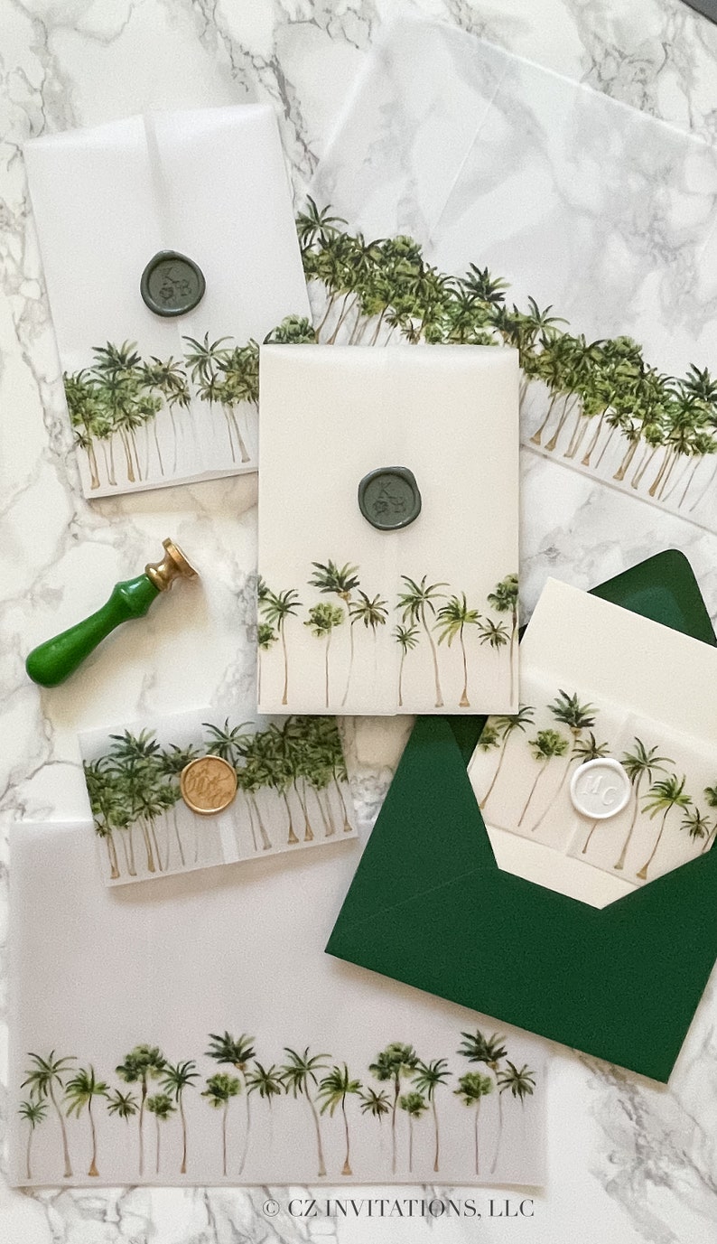Palm Tree Vellum Wrap, 5x7 Vellum Wedding Invitation, Tropical Beach Vellum Jacket, Destination Wedding Printed Wrap for DIY Invitations image 10