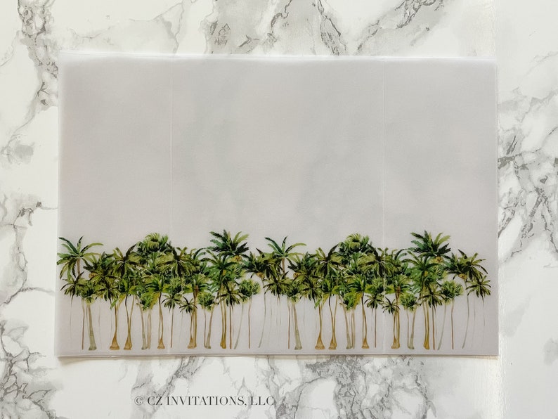 Palm Tree Vellum Wrap, 5x7 Vellum Wedding Invitation, Tropical Beach Vellum Jacket, Destination Wedding Printed Wrap for DIY Invitations image 2