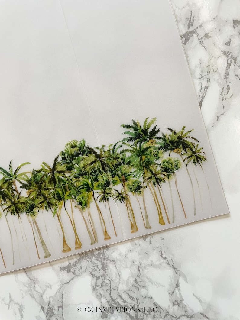 Palm Tree Vellum Wrap, 5x7 Vellum Wedding Invitation, Tropical Beach Vellum Jacket, Destination Wedding Printed Wrap for DIY Invitations image 4