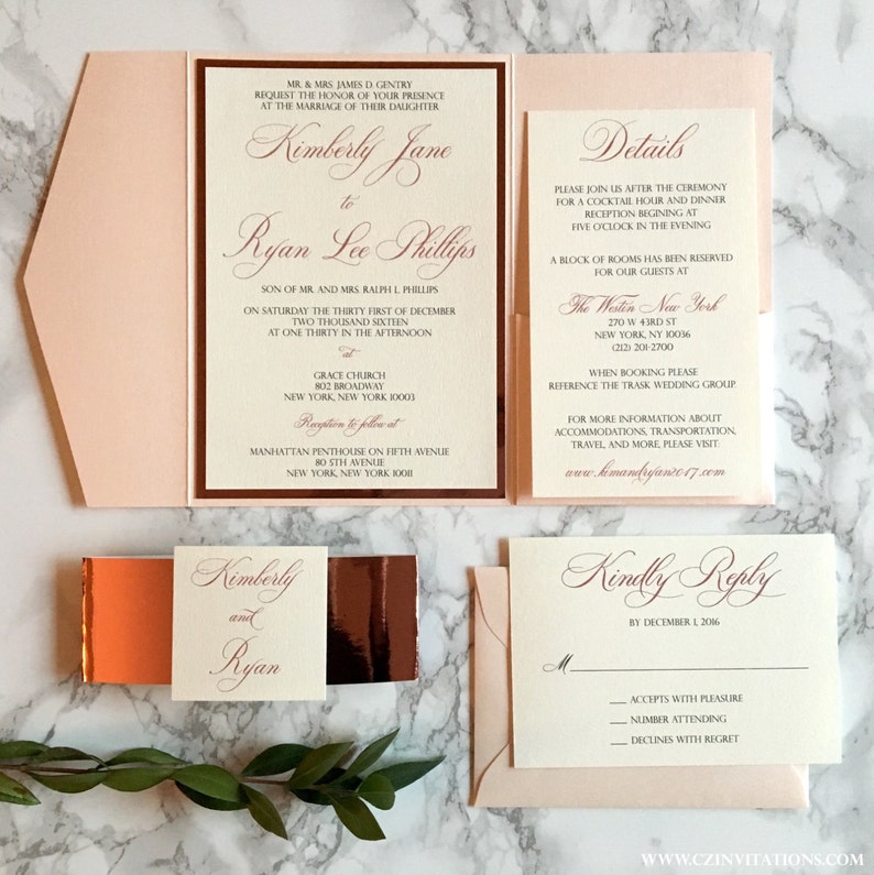 Rose Gold And Blush Pocket Wedding Invitation Mirrored Rose Etsy