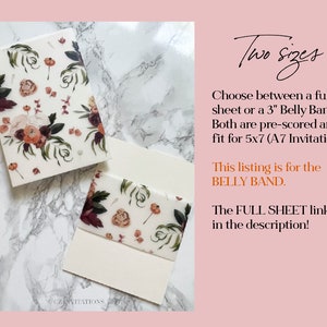 May include: Two floral patterned belly bands for 5x7 invitations. The belly bands are pre-scored and fit for A7 invitations. This listing is for the belly band. The full sheet link is in the description.