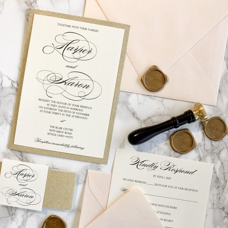 Gold Glitter Wedding Invitation with Glitter Belly Band and | Etsy
