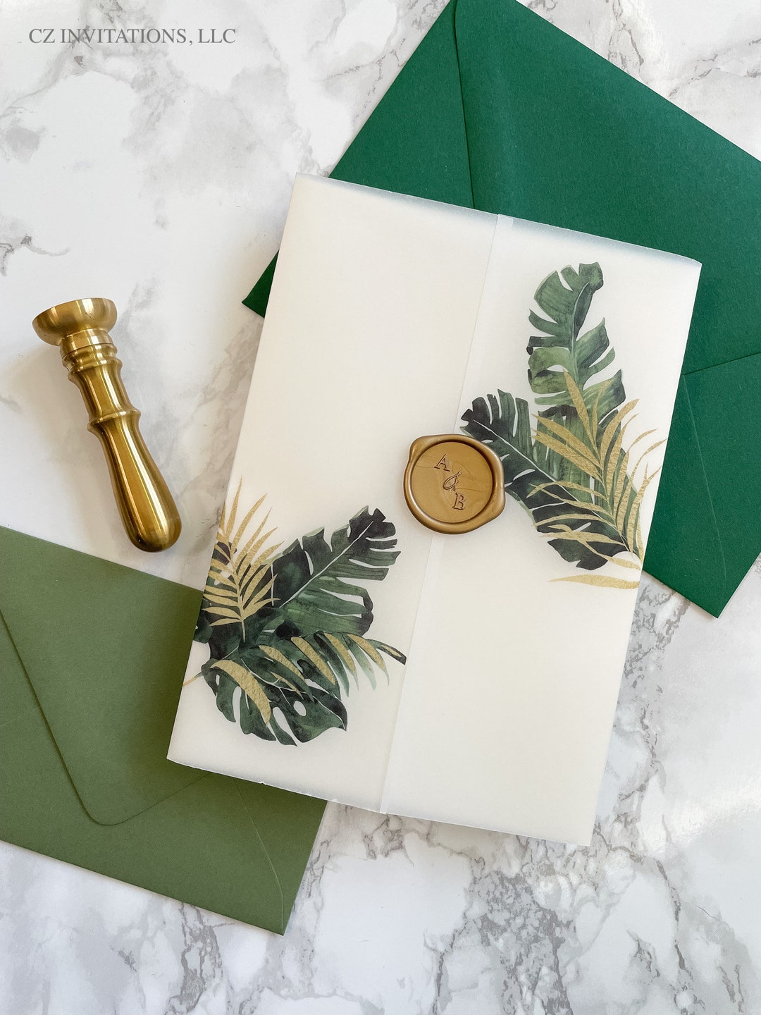 Palm Vellum Wrap for 5x7 Vellum Wedding Invitation, Tropical Faux Gold