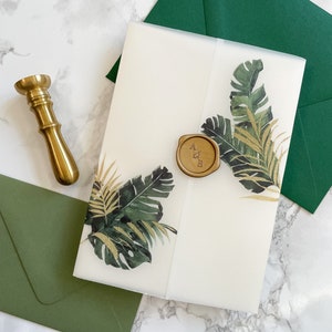 Palm Vellum Wrap for 5x7 Vellum Wedding Invitation, Tropical Faux Gold Foil Vellum Jacket, Beach Wedding Wrap for DIY invites