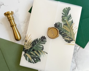 Palm Vellum Wrap for 5x7 Vellum Wedding Invitation, Tropical Faux Gold Foil Vellum Jacket, Beach Wedding Wrap for DIY invites