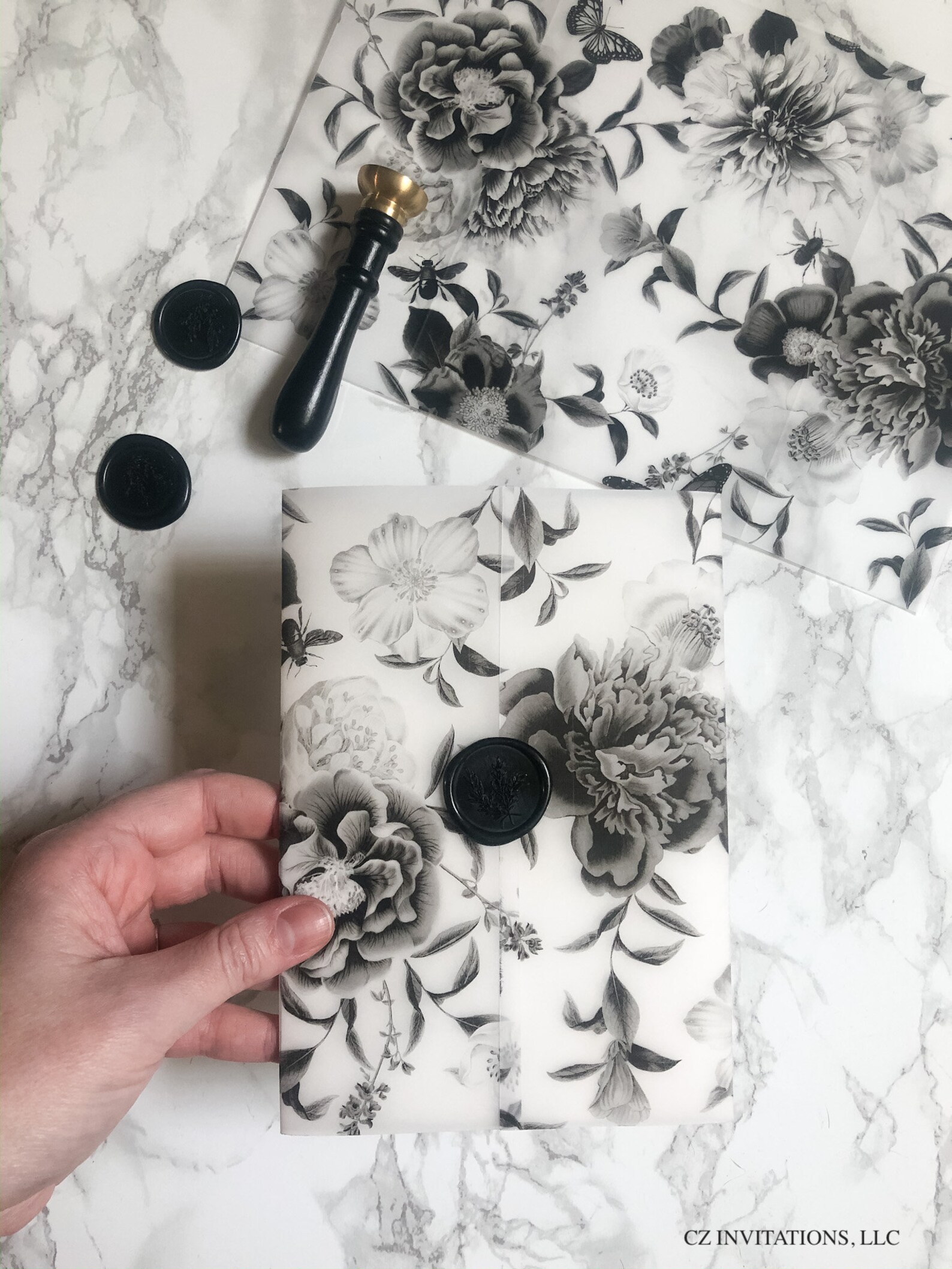 Floral Vellum Wrap 5x7 Vellum Wedding Invitation Black and Etsy