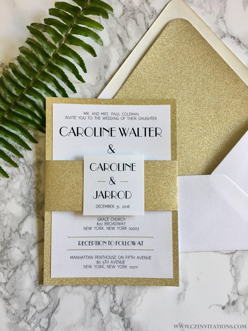 Gold Glitter Wedding Invitation with Glitter Belly Band Etsy