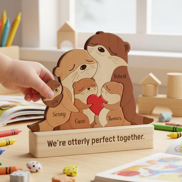 Gepersonaliseerde otterfamiliepuzzel met namen, aangepaste houten familieaandenken, decor kinderkamer, cadeau nieuwe vader, babyshower, familienaambord