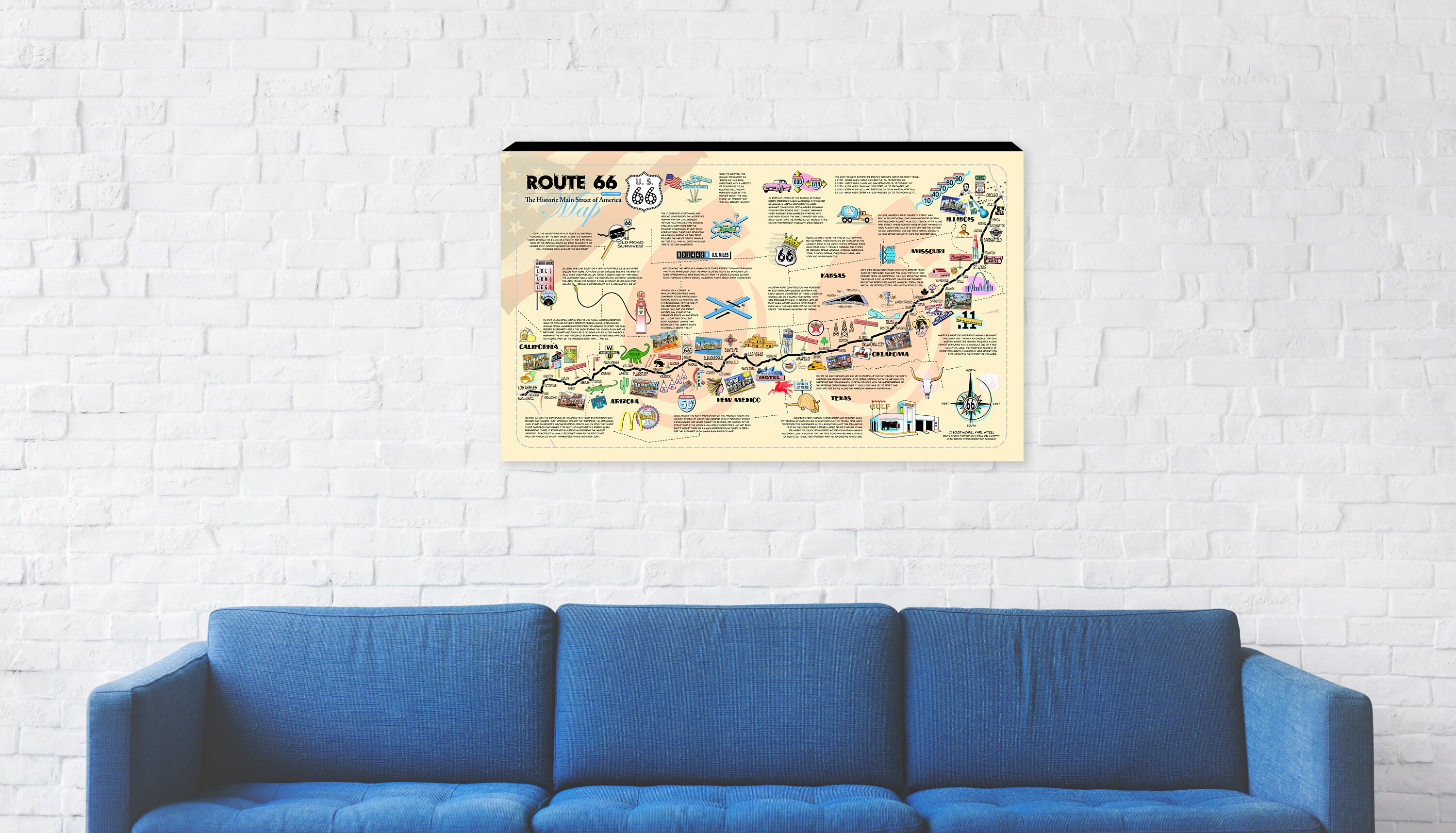 Route 66 Vintage Map Canvas – Mother Road Wall Art – Retro Americana ...