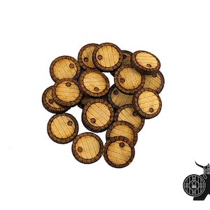 May include: A pile of wooden barrel tokens, each with a brown wooden rim and a light brown wooden center. The tokens are arranged in a random pattern.
