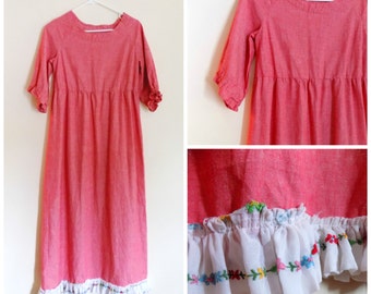 60s Dress, Maxi Dress, Empire Waist, Hippie, Boho, Size Small, 1960s, Linen Dress, Red, Womens Vintage Clothing, Bohmeian, Vintage Handmade