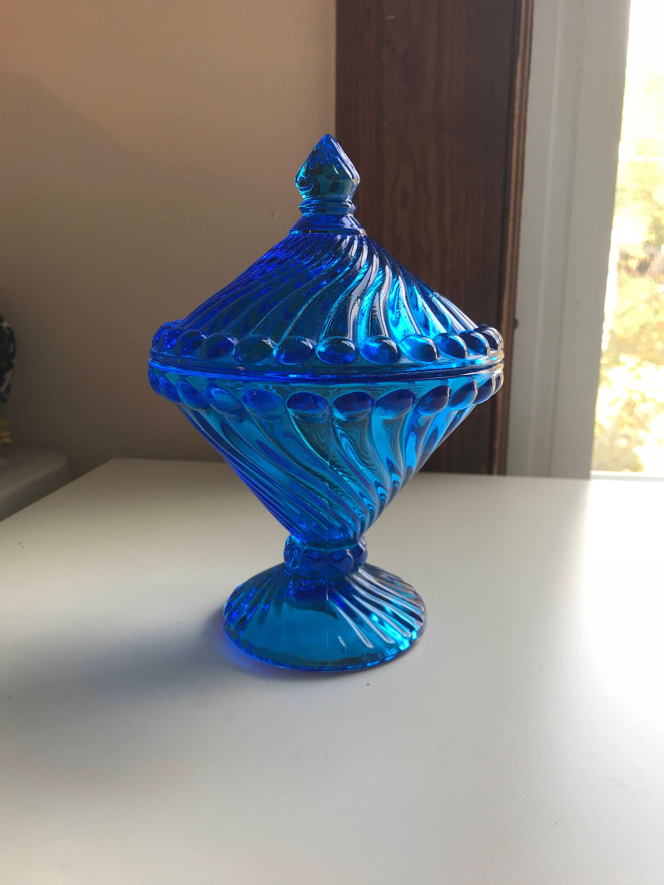 60s Blue Glass Candy Dish Lid VV Made in France Viane Etsy