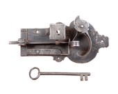 Antique Moravian Wrought Iron Door Latch Lock, A Fine 18th Century Handwrought Lock with Key Chester County PA SEPA