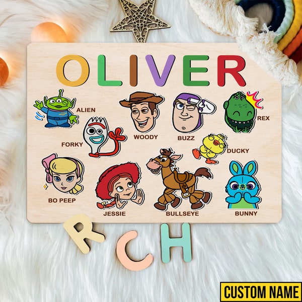 Personalized Name Puzzle Board With Toy Story Movie, Pixar Toys, Baby Toy Montessori, Kid First Birthday Gift, Handmade Custom Name
