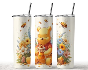 Flower Pooh Bear Cartoon 20oz Skinny Tumbler Wrap, Movie Character Tumbler Straight and Tapered PNG Digital Download, Tumbler Design PNG