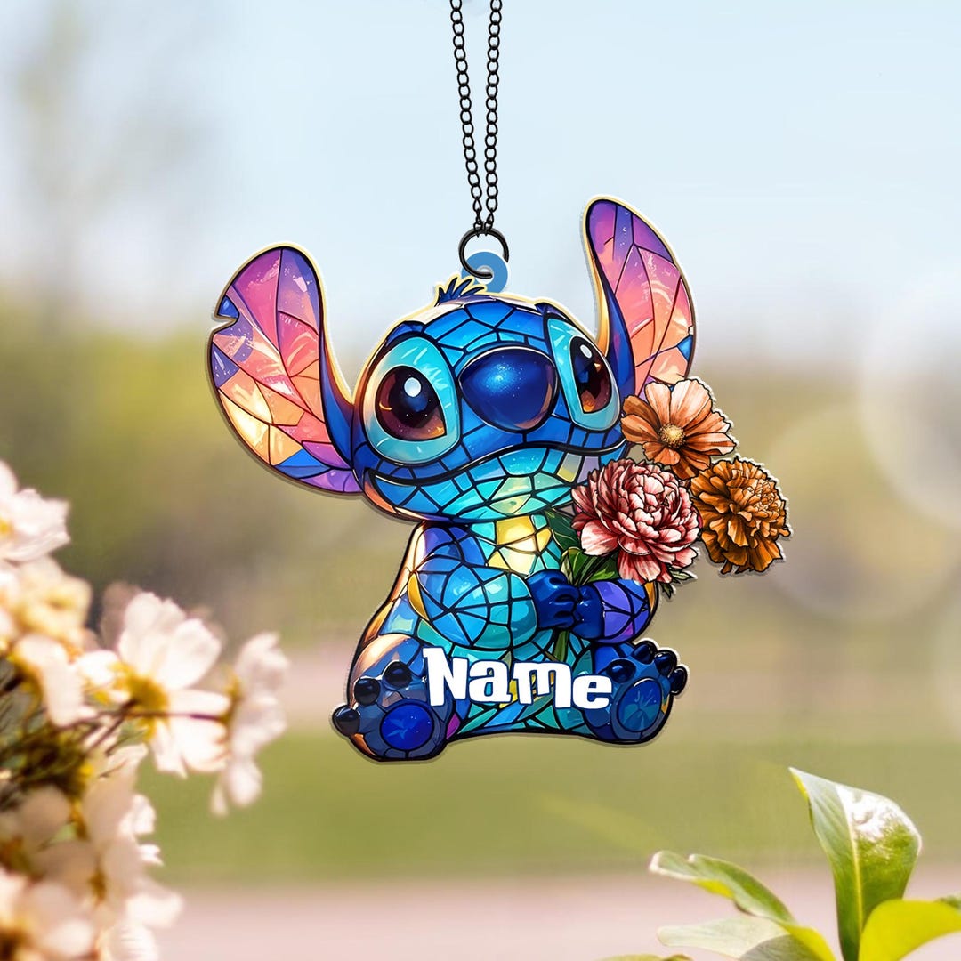 Custom Name Stitch Floral Acrylic Suncatcher, Stitch Suncatcher